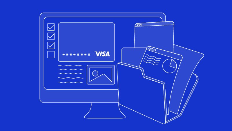 Line illustration showing an office with a computer displaying a Visa-branded card.