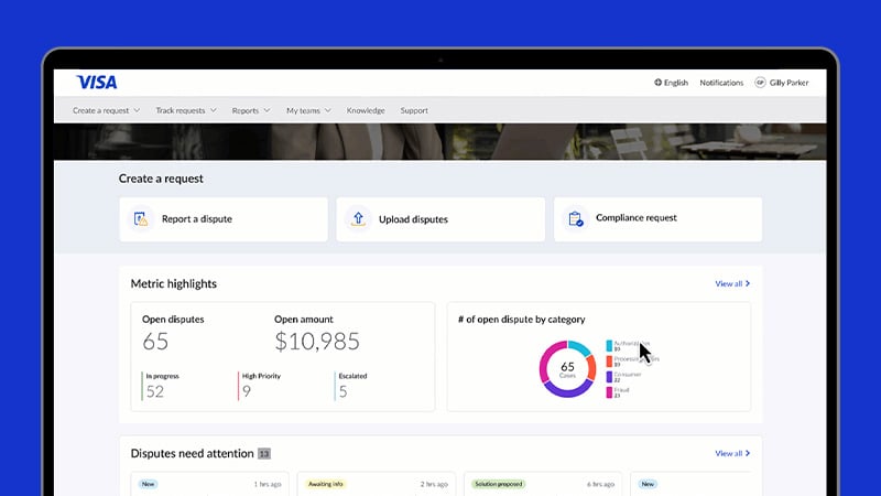 A computer screen displaying the Visa dispute page.