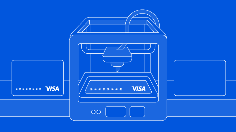 Line illustration showing Visa-branded cards being printed.