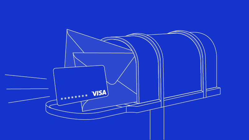 Line illustration showing Visa-branded card in a mailbox.