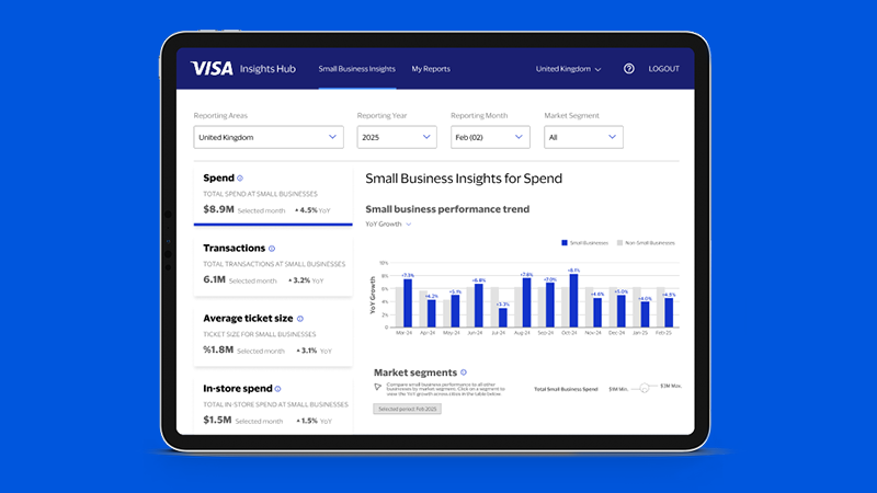 Visa-branded laptop screen showing a graph that analyses small business spending insights.